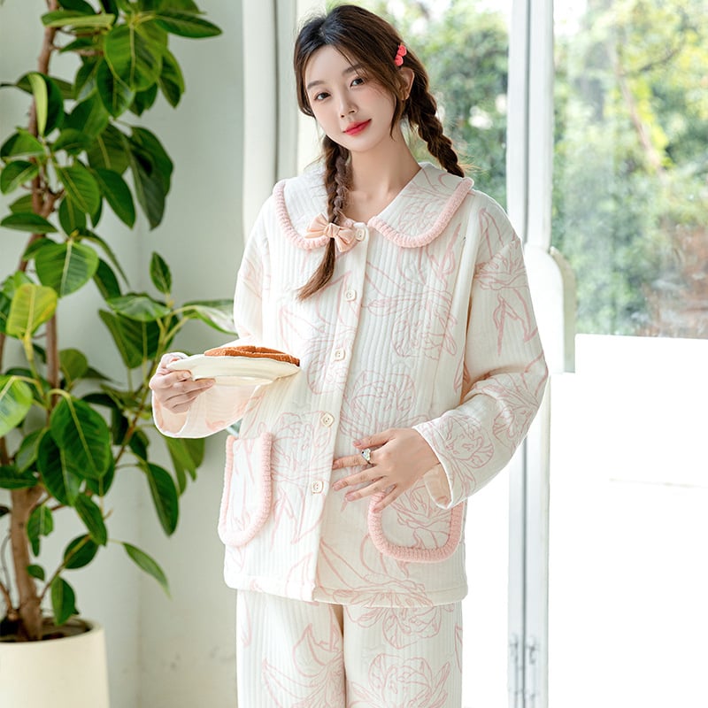 Nėščiųjų maitinančiųjų pižamų komplektas – rudens-žiemos kardigano stilius (Air Cotton, 100% Polyester, ilgos rankovės, kelnės, 181–200 g/m²)