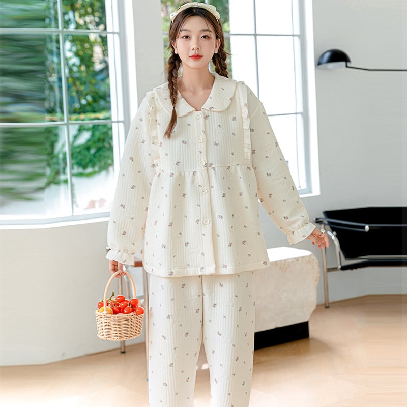 Nėščiųjų maitinančiųjų pižamų komplektas – rudens-žiemos kardigano stilius (Air Cotton, 100% Polyester, ilgos rankovės, kelnės, 181–200 g/m²)