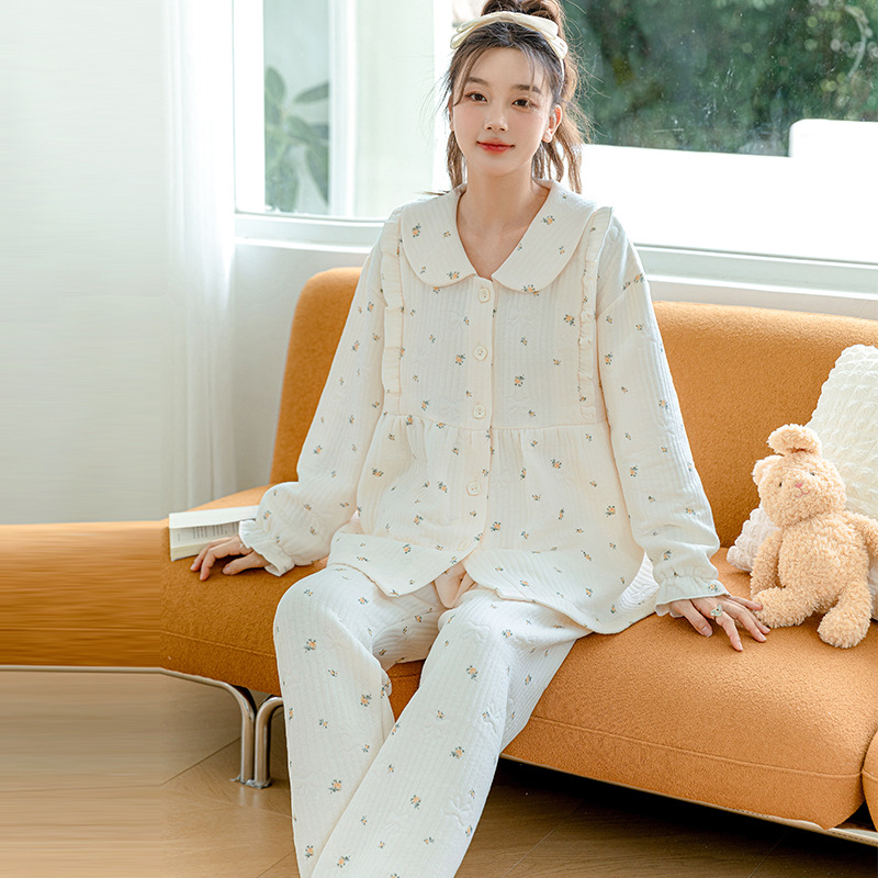 Nėščiųjų maitinančiųjų pižamų komplektas – rudens-žiemos kardigano stilius (Air Cotton, 100% Polyester, ilgos rankovės, kelnės, 181–200 g/m²)