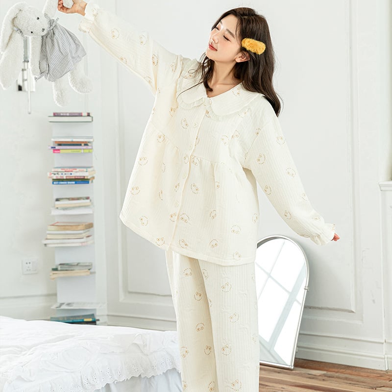 Nėščiųjų maitinančiųjų pižamų komplektas – rudens-žiemos kardigano stilius (Air Cotton, 100% Polyester, ilgos rankovės, kelnės, 181–200 g/m²)