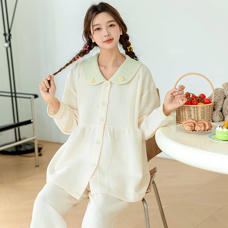 Nėščiųjų maitinančiųjų pižamų komplektas – rudens-žiemos kardigano stilius (Air Cotton, 100% Polyester, ilgos rankovės, kelnės, 181–200 g/m²)