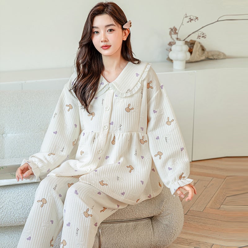 Nėščiųjų maitinančiųjų pižamų komplektas – rudens-žiemos kardigano stilius (Air Cotton, 100% Polyester, ilgos rankovės, kelnės, 181–200 g/m²)