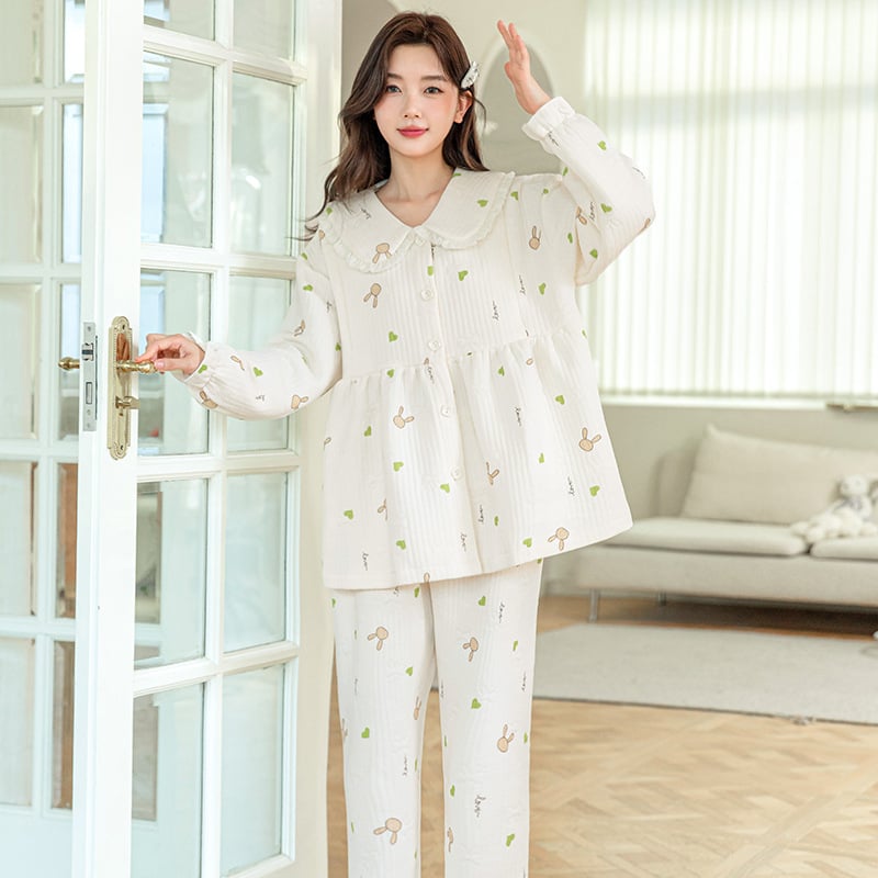 Nėščiųjų maitinančiųjų pižamų komplektas – rudens-žiemos kardigano stilius (Air Cotton, 100% Polyester, ilgos rankovės, kelnės, 181–200 g/m²)