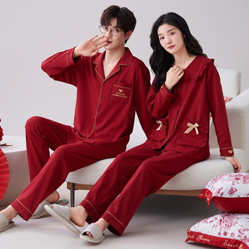 Pidžama komplet za parove od 100% pamuka za jesen-zimu, dugi rukavi, V-izrez, hlače, za mladence