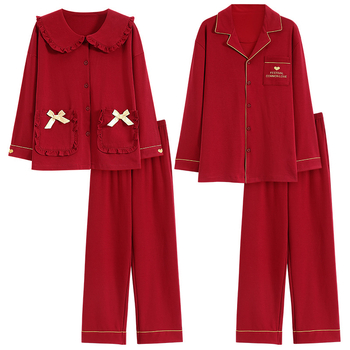 Pidžama komplet za parove od 100% pamuka za jesen-zimu, dugi rukavi, V-izrez, hlače, za mladence