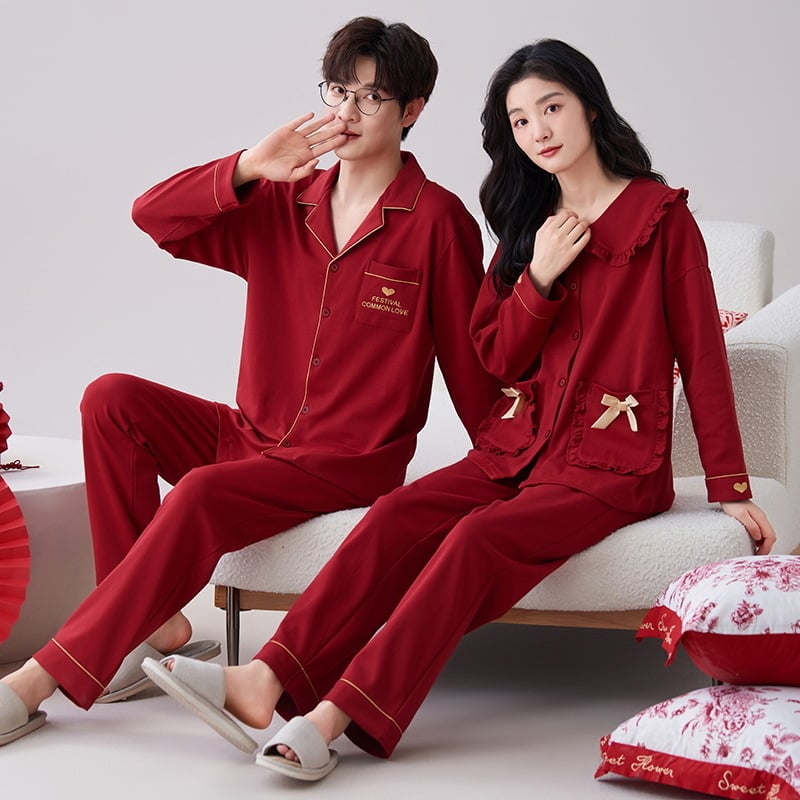 Pidžama komplet za parove od 100% pamuka za jesen-zimu, dugi rukavi, V-izrez, hlače, za mladence