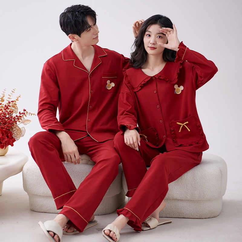 Pidžama komplet za parove od 100% pamuka za jesen-zimu, dugi rukavi, V-izrez, hlače, za mladence