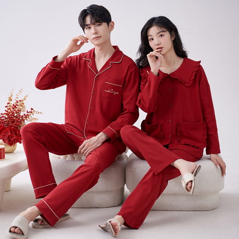 Pidžama komplet za parove od 100% pamuka za jesen-zimu, dugi rukavi, V-izrez, hlače, za mladence
