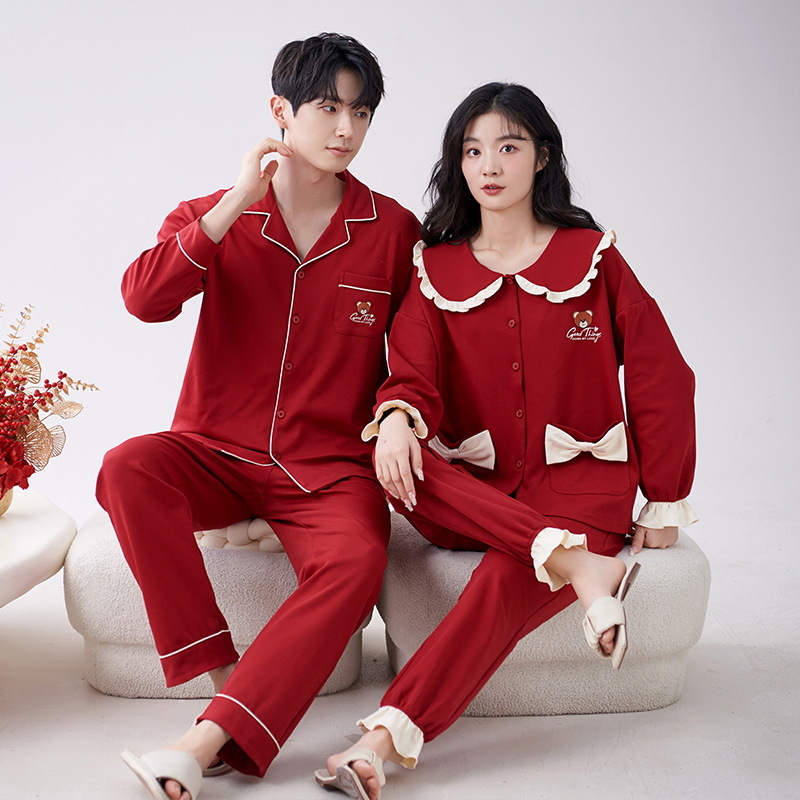 Pidžama komplet za parove od 100% pamuka za jesen-zimu, dugi rukavi, V-izrez, hlače, za mladence