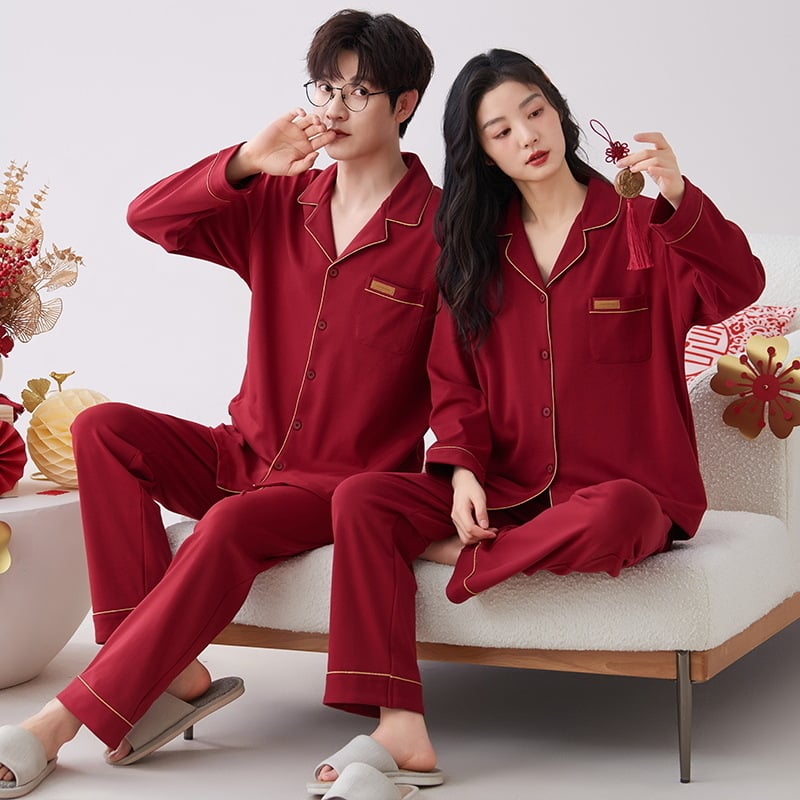 Pidžama komplet za parove od 100% pamuka za jesen-zimu, dugi rukavi, V-izrez, hlače, za mladence