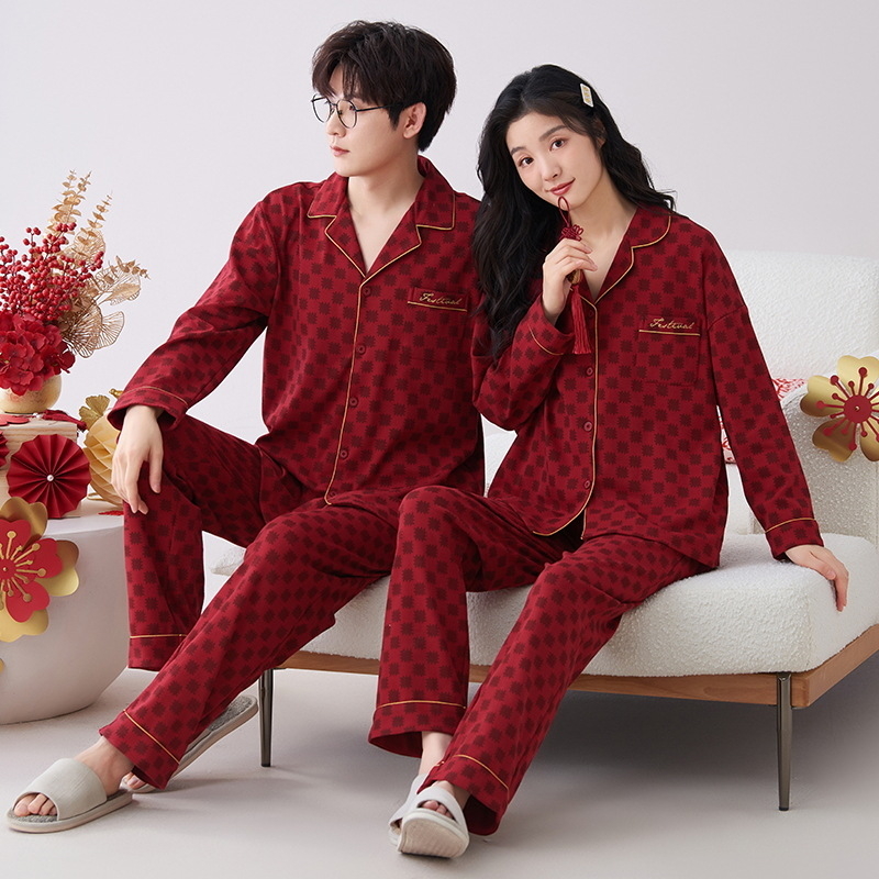 Pidžama komplet za parove od 100% pamuka za jesen-zimu, dugi rukavi, V-izrez, hlače, za mladence