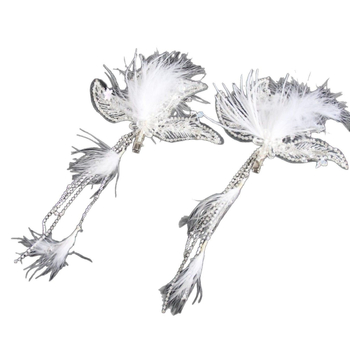 Щипка за коса – декоративна украса с пера, листенца и пискюли от мъниста; смесени материали, електроплатиране, клипс с остър връх, унисекс