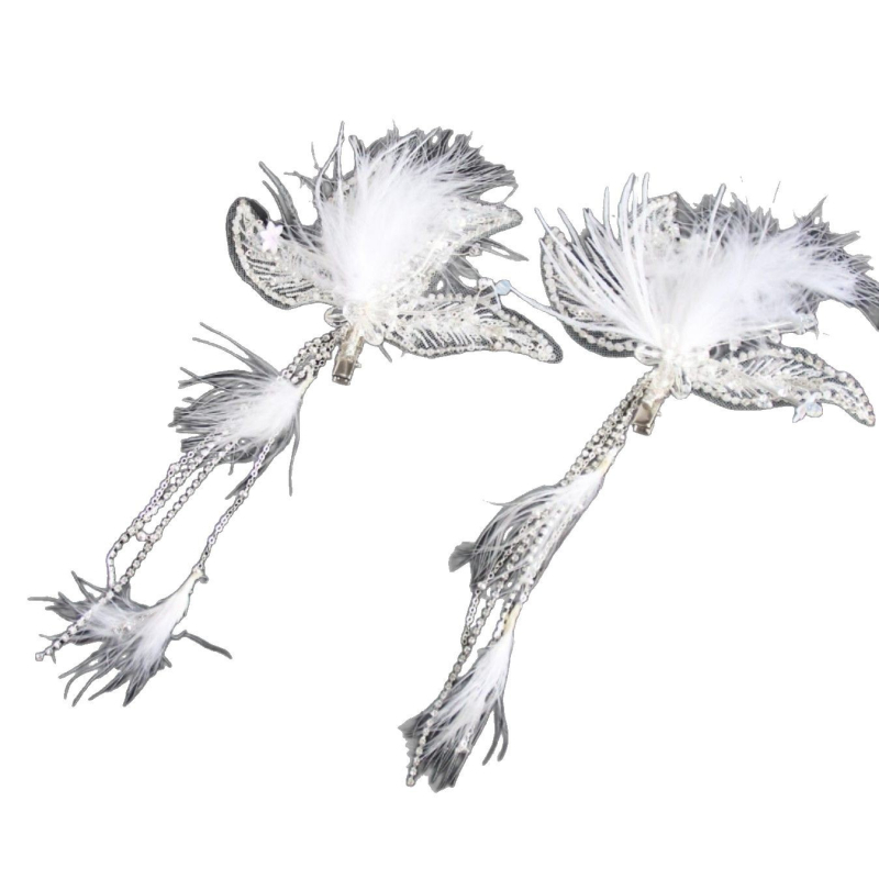 Щипка за коса – декоративна украса с пера, листенца и пискюли от мъниста; смесени материали, електроплатиране, клипс с остър връх, унисекс