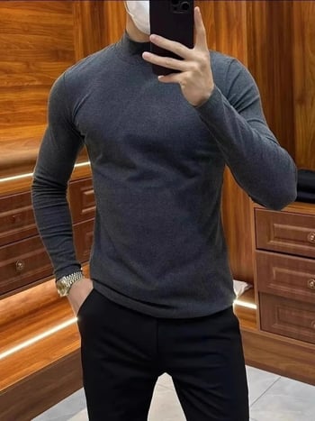 Top de bază Slim-fit pentru bărbați, guler înalt, mâneci lungi, din fibră de acetat