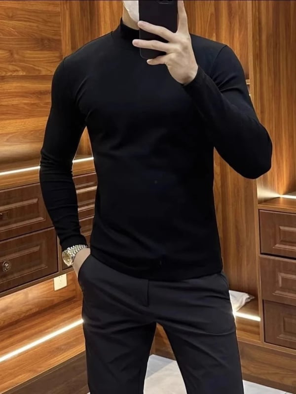 Top de bază Slim-fit pentru bărbați, guler înalt, mâneci lungi, din fibră de acetat