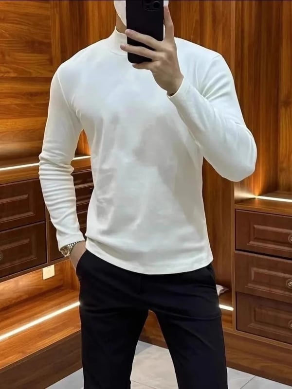 Top de bază Slim-fit pentru bărbați, guler înalt, mâneci lungi, din fibră de acetat