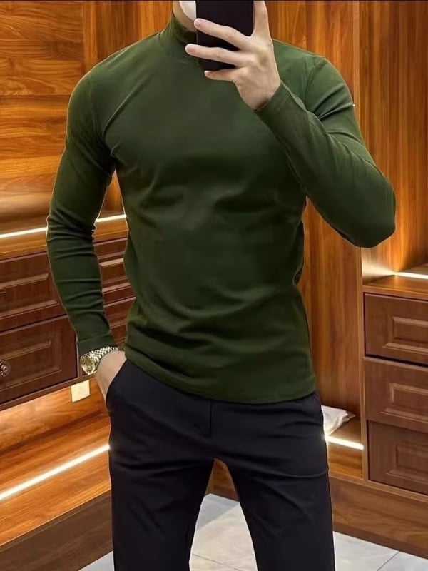 Top de bază Slim-fit pentru bărbați, guler înalt, mâneci lungi, din fibră de acetat