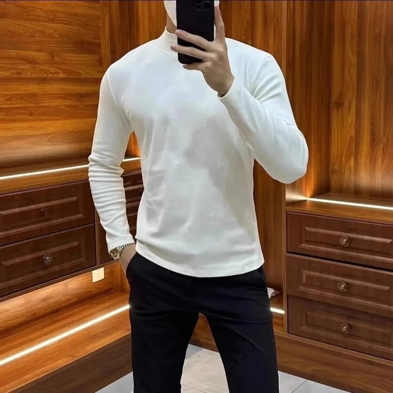 Top de bază Slim-fit pentru bărbați, guler înalt, mâneci lungi, din fibră de acetat