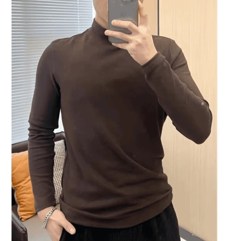 Top de bază Slim-fit pentru bărbați, guler înalt, mâneci lungi, din fibră de acetat