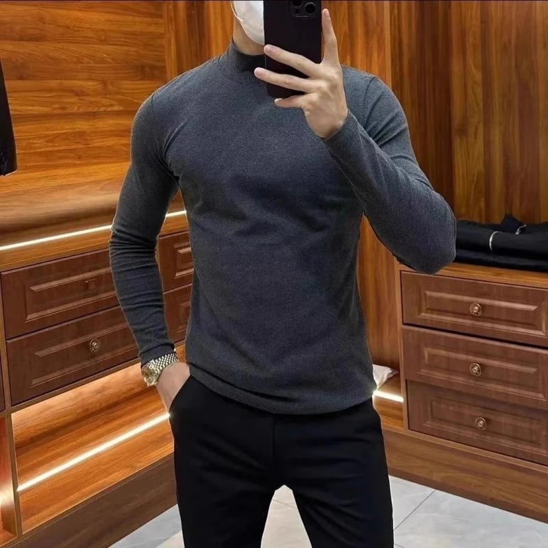 Top de bază Slim-fit pentru bărbați, guler înalt, mâneci lungi, din fibră de acetat