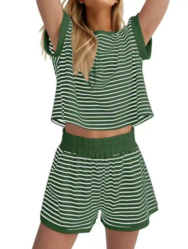 Női csíkos szett: felső kerek nyakkal és 3/4-es ujjakkal, elasztikus derékú nadrág, 3/4-hosszú, poliészter/spandex, kényelmes stílus, tavasz 2025