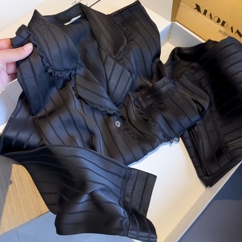 Ženske pijama od ice silk s čipkastim lemom, dugi rukav i dugi hlačama, lagani luksuzni kućni komplet za sve sezone