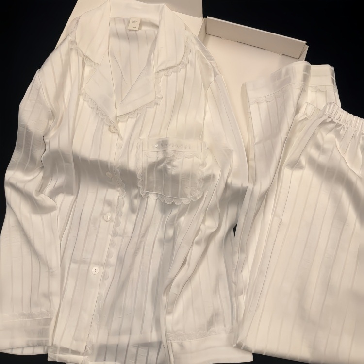 Ženske pijama od ice silk s čipkastim lemom, dugi rukav i dugi hlačama, lagani luksuzni kućni komplet za sve sezone