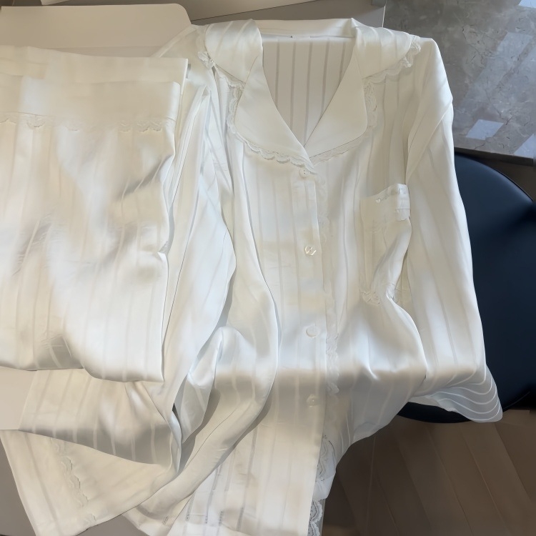 Ženske pijama od ice silk s čipkastim lemom, dugi rukav i dugi hlačama, lagani luksuzni kućni komplet za sve sezone