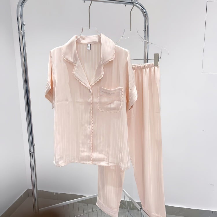 Ženske pijama od ice silk s čipkastim lemom, dugi rukav i dugi hlačama, lagani luksuzni kućni komplet za sve sezone