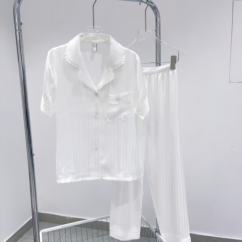 Ženske pijama od ice silk s čipkastim lemom, dugi rukav i dugi hlačama, lagani luksuzni kućni komplet za sve sezone