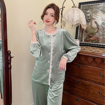 Costum din catifea pentru femei, toamnă-iarnă, cu guler în stil păpușă, mâneci lungi, potrivit pentru casă și pentru purtare în exterior