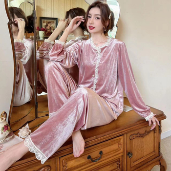 Costum din catifea pentru femei, toamnă-iarnă, cu guler în stil păpușă, mâneci lungi, potrivit pentru casă și pentru purtare în exterior