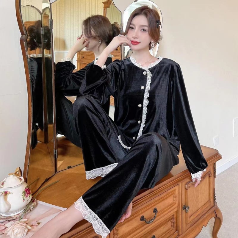 Costum din catifea pentru femei, toamnă-iarnă, cu guler în stil păpușă, mâneci lungi, potrivit pentru casă și pentru purtare în exterior