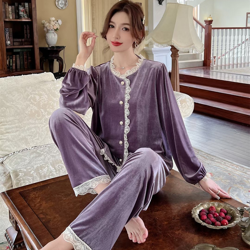 Costum din catifea pentru femei, toamnă-iarnă, cu guler în stil păpușă, mâneci lungi, potrivit pentru casă și pentru purtare în exterior