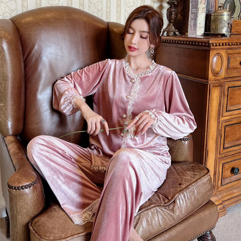 Costum din catifea pentru femei, toamnă-iarnă, cu guler în stil păpușă, mâneci lungi, potrivit pentru casă și pentru purtare în exterior