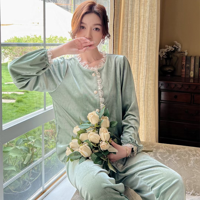 Costum din catifea pentru femei, toamnă-iarnă, cu guler în stil păpușă, mâneci lungi, potrivit pentru casă și pentru purtare în exterior