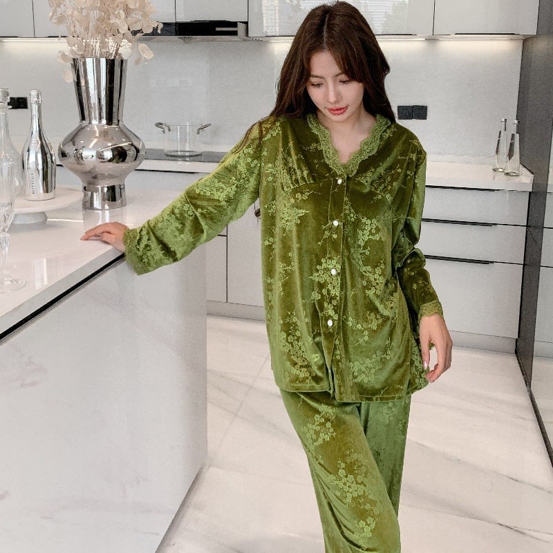 Costum din catifea pentru femei, toamnă-iarnă, cu guler în stil păpușă, mâneci lungi, potrivit pentru casă și pentru purtare în exterior