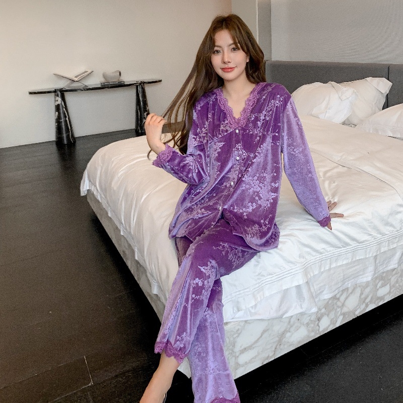 Costum din catifea pentru femei, toamnă-iarnă, cu guler în stil păpușă, mâneci lungi, potrivit pentru casă și pentru purtare în exterior