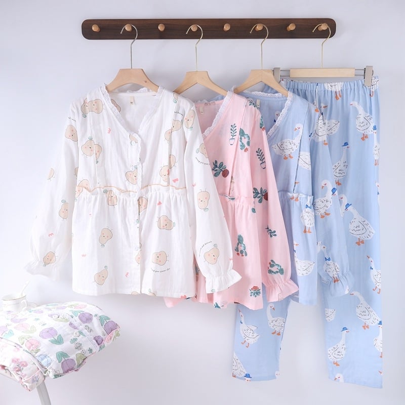 Nėščiųjų ir žindymo pižama komplektas iš medvilnės, dvigubo sluoksnio gazė, gyvūnų raštas, V formos kaklo kardiganas su šoniniu atidarymu, ilgos rankovės