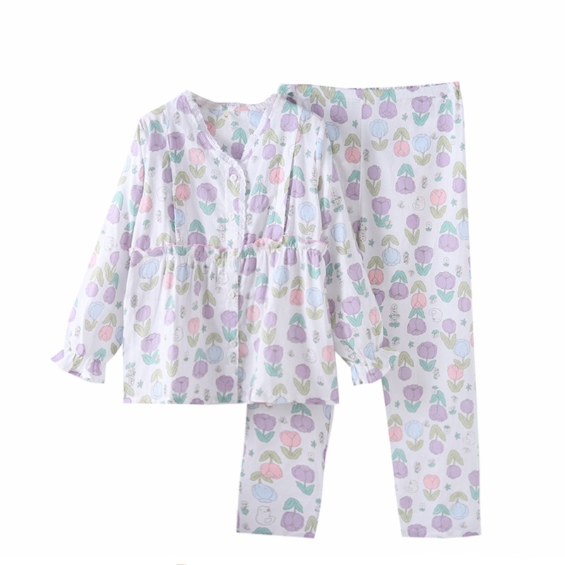 Nėščiųjų ir žindymo pižama komplektas iš medvilnės, dvigubo sluoksnio gazė, gyvūnų raštas, V formos kaklo kardiganas su šoniniu atidarymu, ilgos rankovės