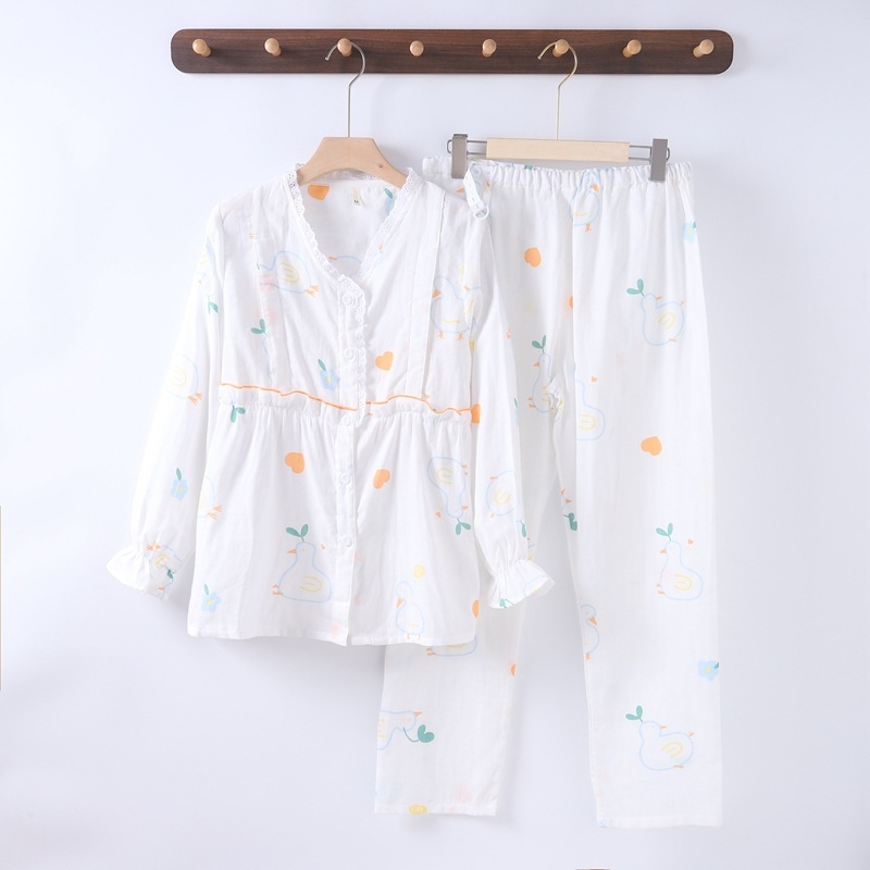 Nėščiųjų ir žindymo pižama komplektas iš medvilnės, dvigubo sluoksnio gazė, gyvūnų raštas, V formos kaklo kardiganas su šoniniu atidarymu, ilgos rankovės