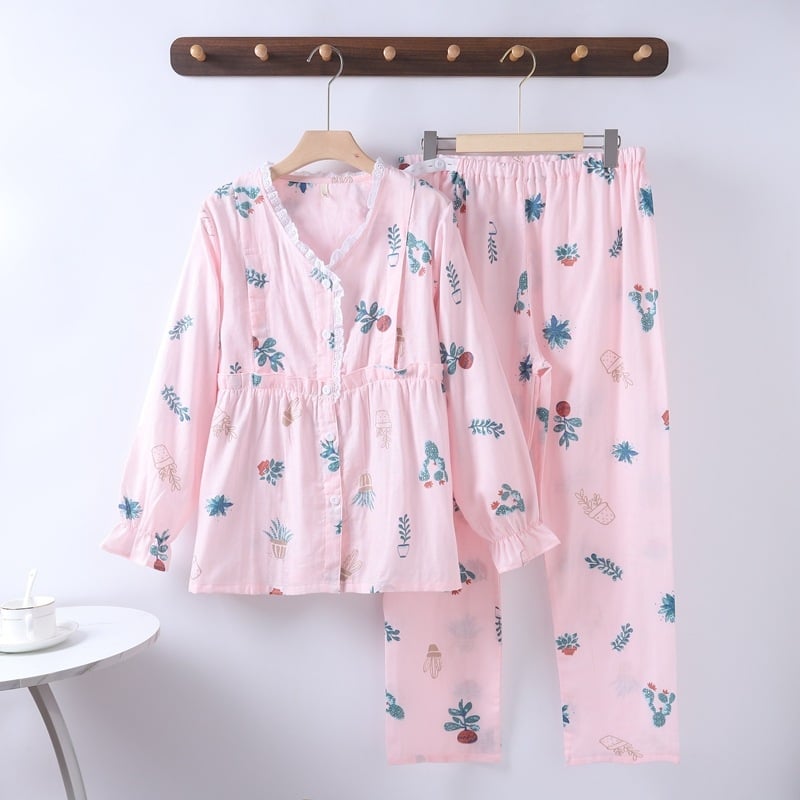 Nėščiųjų ir žindymo pižama komplektas iš medvilnės, dvigubo sluoksnio gazė, gyvūnų raštas, V formos kaklo kardiganas su šoniniu atidarymu, ilgos rankovės