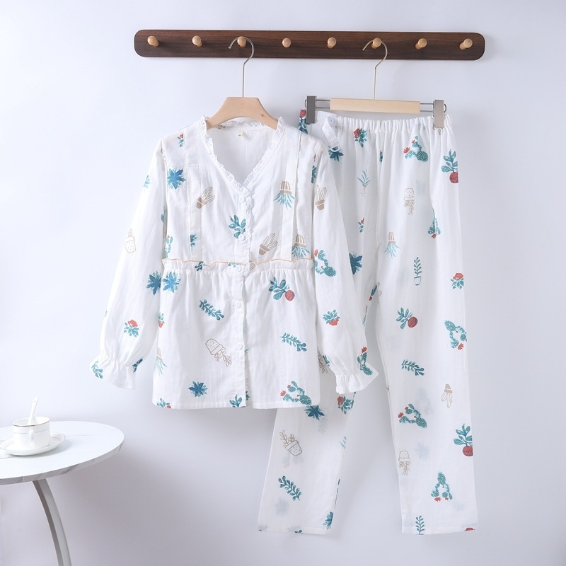 Nėščiųjų ir žindymo pižama komplektas iš medvilnės, dvigubo sluoksnio gazė, gyvūnų raštas, V formos kaklo kardiganas su šoniniu atidarymu, ilgos rankovės