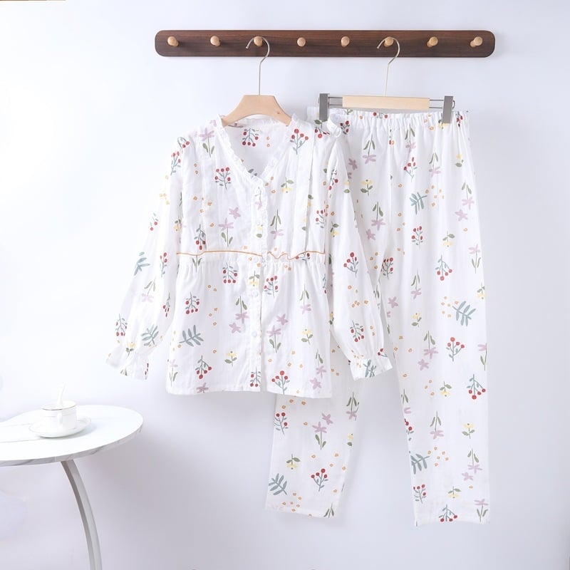 Nėščiųjų ir žindymo pižama komplektas iš medvilnės, dvigubo sluoksnio gazė, gyvūnų raštas, V formos kaklo kardiganas su šoniniu atidarymu, ilgos rankovės