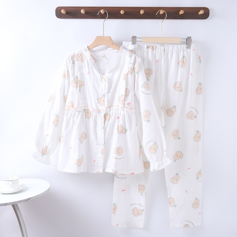 Nėščiųjų ir žindymo pižama komplektas iš medvilnės, dvigubo sluoksnio gazė, gyvūnų raštas, V formos kaklo kardiganas su šoniniu atidarymu, ilgos rankovės