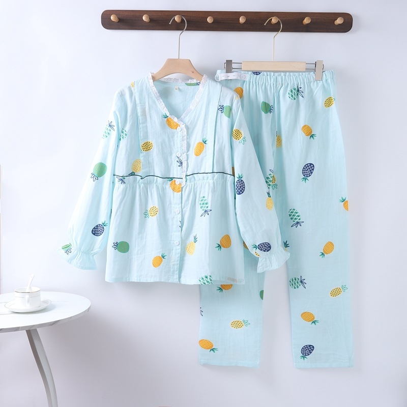 Nėščiųjų ir žindymo pižama komplektas iš medvilnės, dvigubo sluoksnio gazė, gyvūnų raštas, V formos kaklo kardiganas su šoniniu atidarymu, ilgos rankovės