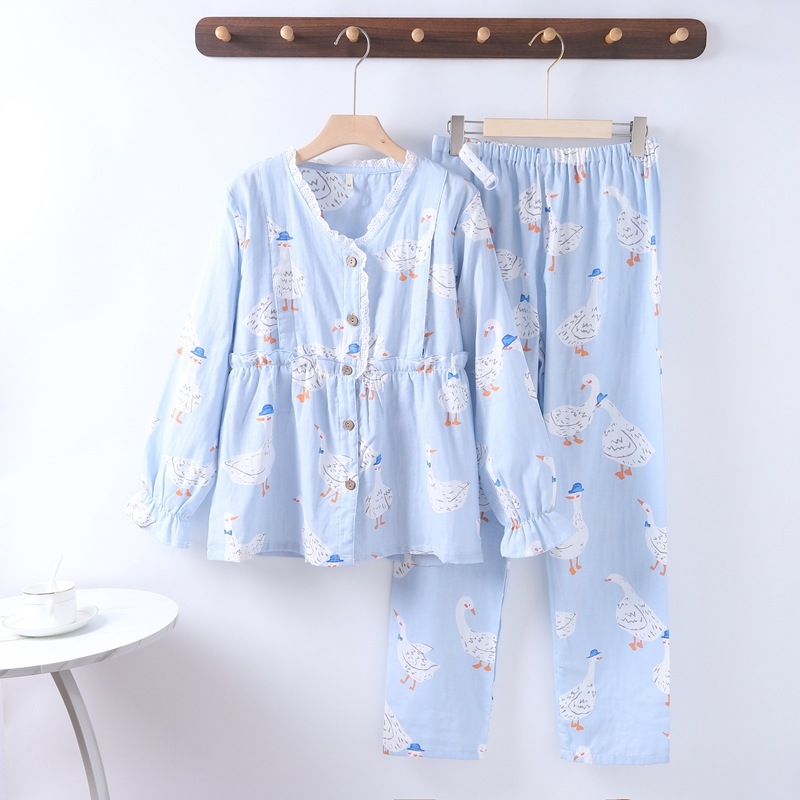 Nėščiųjų ir žindymo pižama komplektas iš medvilnės, dvigubo sluoksnio gazė, gyvūnų raštas, V formos kaklo kardiganas su šoniniu atidarymu, ilgos rankovės