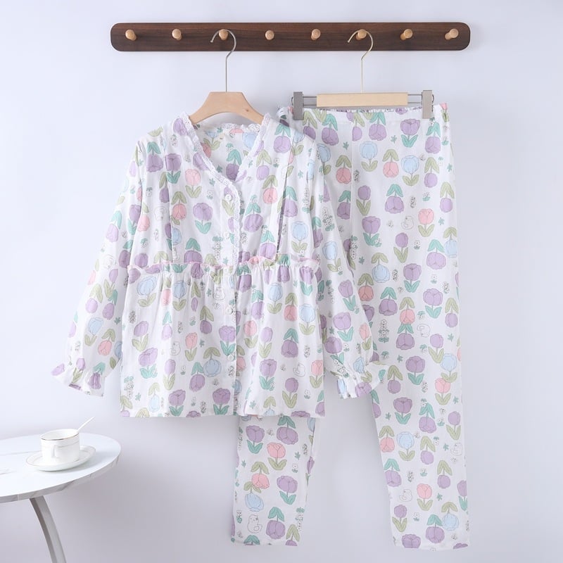 Nėščiųjų ir žindymo pižama komplektas iš medvilnės, dvigubo sluoksnio gazė, gyvūnų raštas, V formos kaklo kardiganas su šoniniu atidarymu, ilgos rankovės