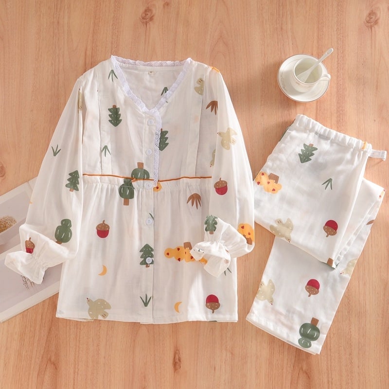 Nėščiųjų ir žindymo pižama komplektas iš medvilnės, dvigubo sluoksnio gazė, gyvūnų raštas, V formos kaklo kardiganas su šoniniu atidarymu, ilgos rankovės