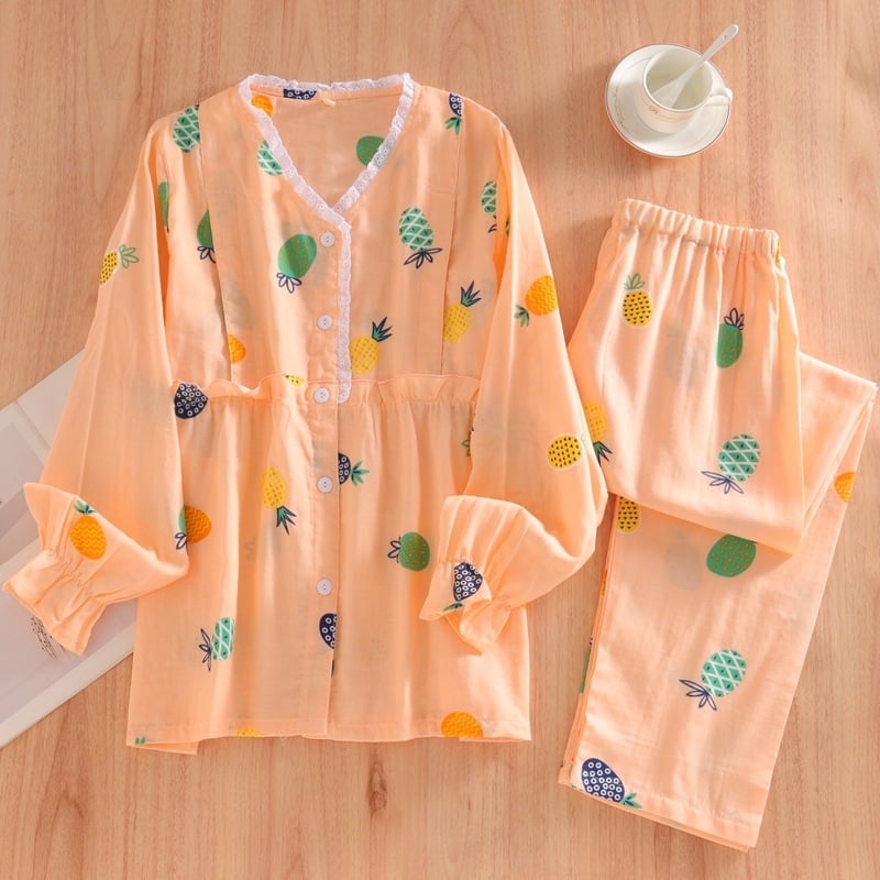 Nėščiųjų ir žindymo pižama komplektas iš medvilnės, dvigubo sluoksnio gazė, gyvūnų raštas, V formos kaklo kardiganas su šoniniu atidarymu, ilgos rankovės